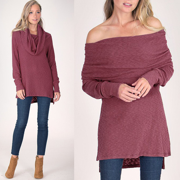 Magenta 2 in 1 Cowl offshoulder Knit Tunic Top - Picture 1 of 3